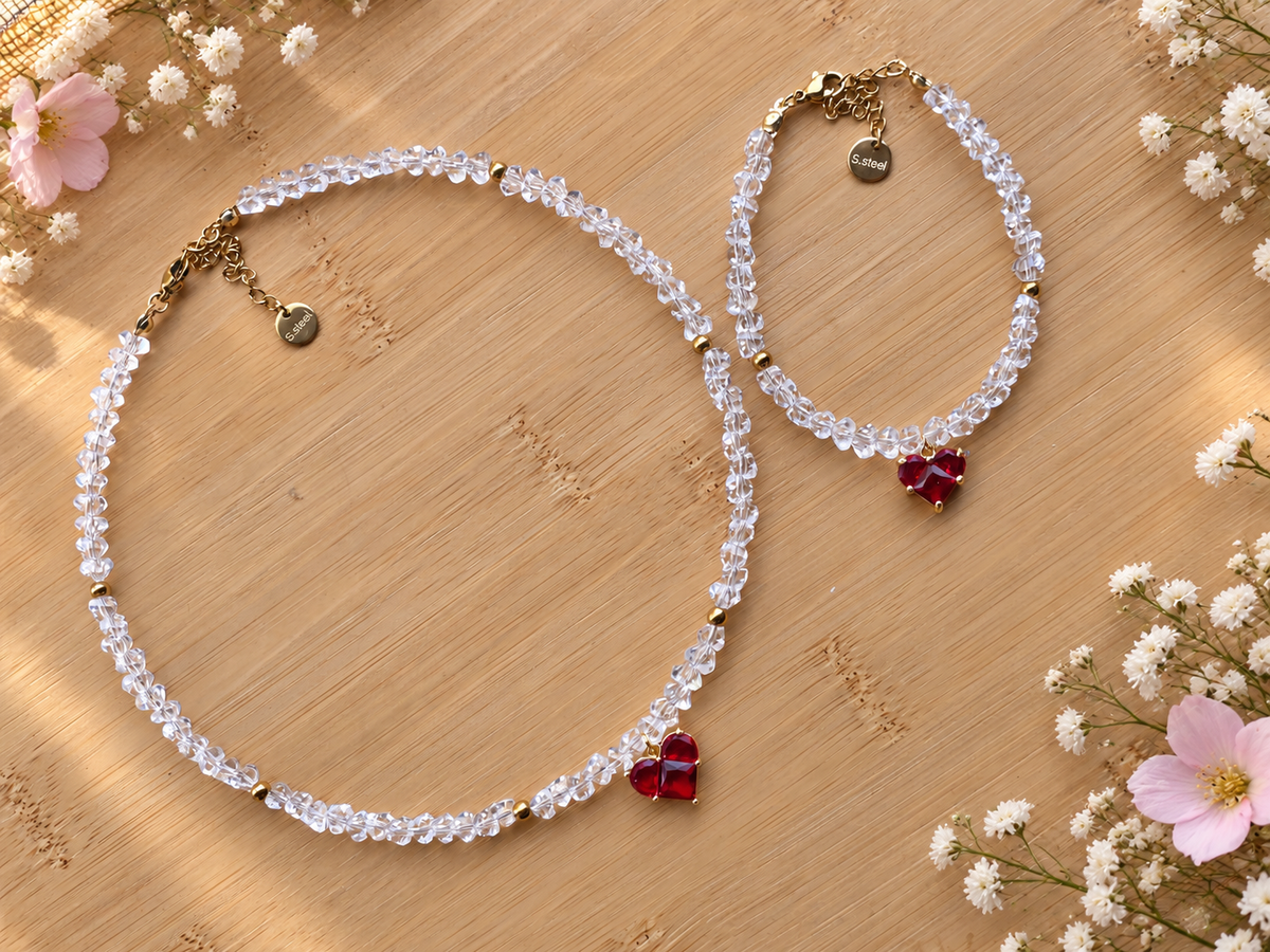 Set Crystal Collana & Braccialetto Cuore Rosso