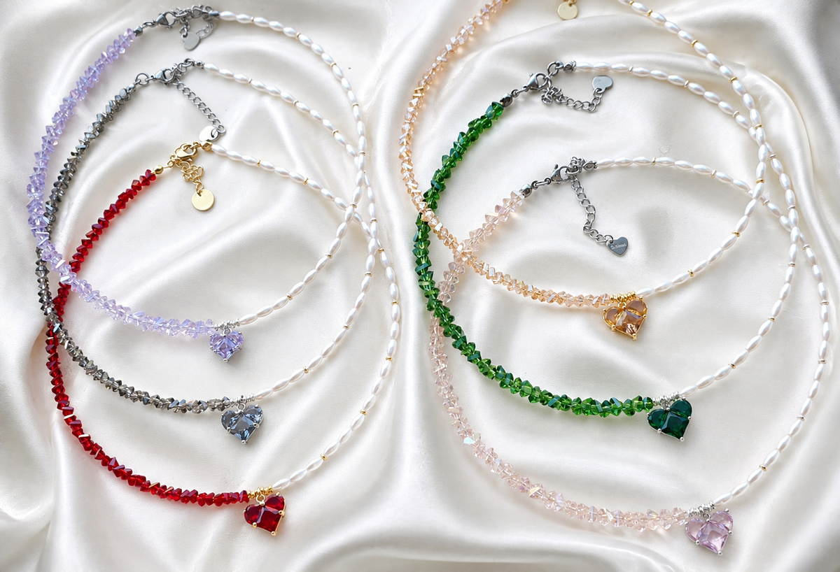 Choker Perle e Cristalli con Cuore – Vari Colori